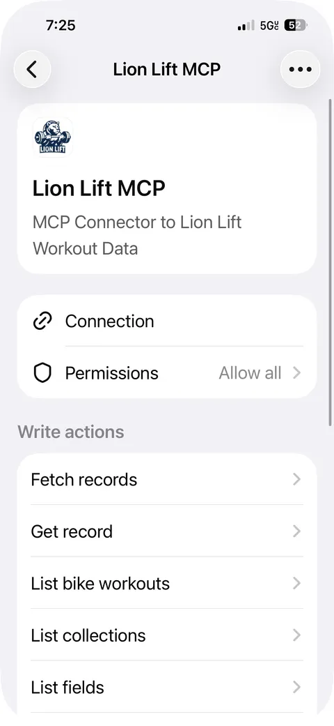 An AI assistant's settings page for the Lion Lift MCP connector listing available actions such as Fetch records and List bike workouts.