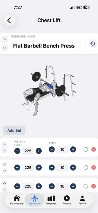 Chest lift screen logging three sets of flat barbell bench press at 225 pounds for 10 reps.