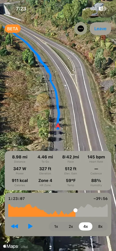 Run replay on a 3D map with distance, pace, heart rate, power and elevation stats and a playback timeline.